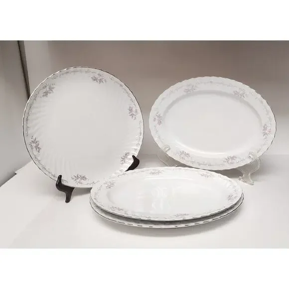 Gold Standard White Silver & Pink /1 Round & 3 Oval Serving Platter/ 2 Creamer